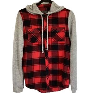 CI SONO SIZE MEDIUM RED BLACK BUFFALO PLAID HOODED SHACKET SHIRT JACKET